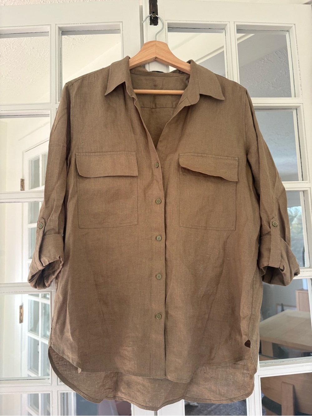 Relaxed Fit Aritzia Button-Down Shirt in olive green